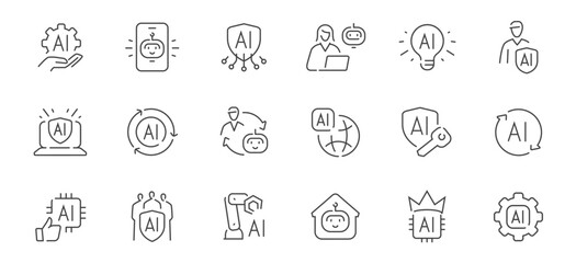 AI technology line icons set. Artificial intelligence, security, chatbot and automation and robotics vector collection