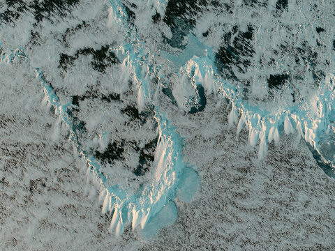 Drone view of frozen water and ice formations in Michigan