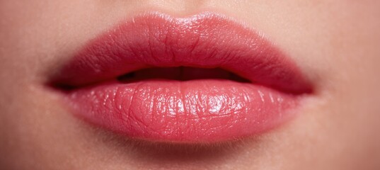 Fototapeta premium Close-up of smooth, glossy lips with pink lipstick on a neutral background, beauty focus