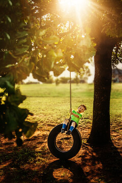 Young Boy Swinging on a Tire swing with Golden light behind him