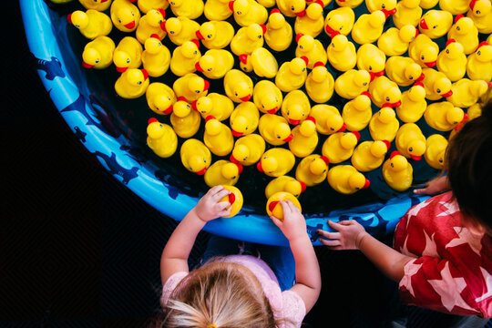 Children Picking Yellow Ducks from Pool