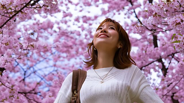 濃いピンクの桜を背景に未来を夢見る日本人女子学生