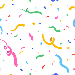 Flat colorful confetti seamless pattern - curls, circles, stars. Illustration on a transparent background © tiena