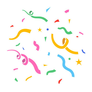 Flat colorful confetti elements - curls, circles, stars. Illustration on a transparent background