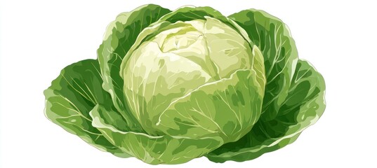 Fototapeta premium Fresh green cabbage with layered leaves on white background, detailed illustration of vegetable