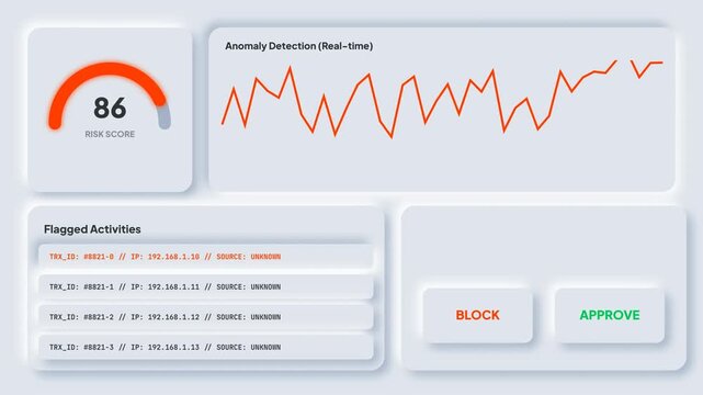 Modern digital dashboard illustrating real-time anomaly detection, risk assessment, and activity monitoring with interactive controls for security management interface design