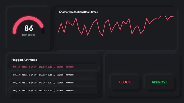 Real-time cybersecurity dashboard visualizing data anomalies, risk scores, and flagged activities for proactive threat detection and robust system management