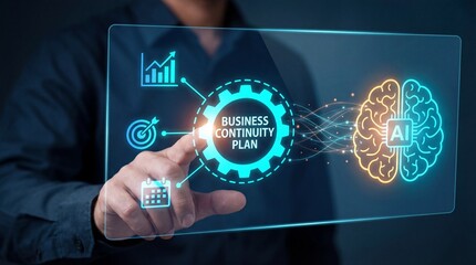 Obraz premium Businessman interacting with futuristic transparent screen displaying business continuity plan with brain ai icon and data visualization graphics