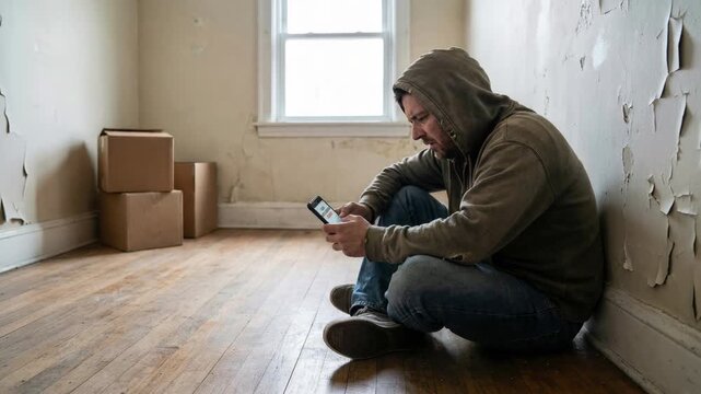 Caucasian man experiencing financial anxiety about mortgage and bill with phone, feeling stress about housing crisis in empty moving house.