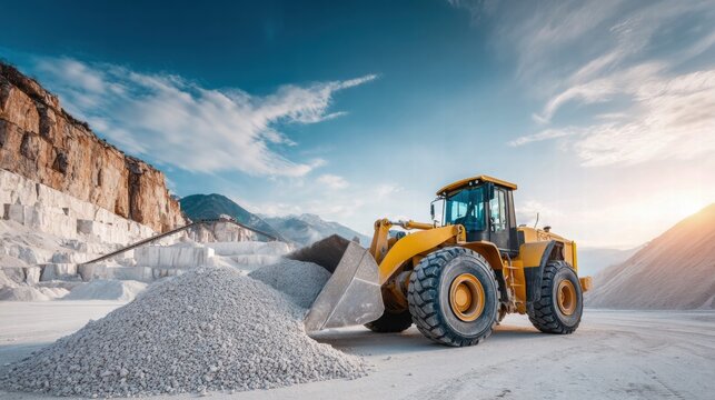 A yellow loader working in a quarry under a bright blue sky.