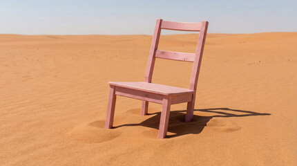 Pink wooden chair immersed in a desert landscape, surrealism, empty space
