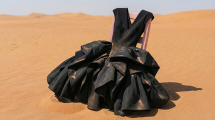 Black designer dress draped over a chair in a deserted desert landscape