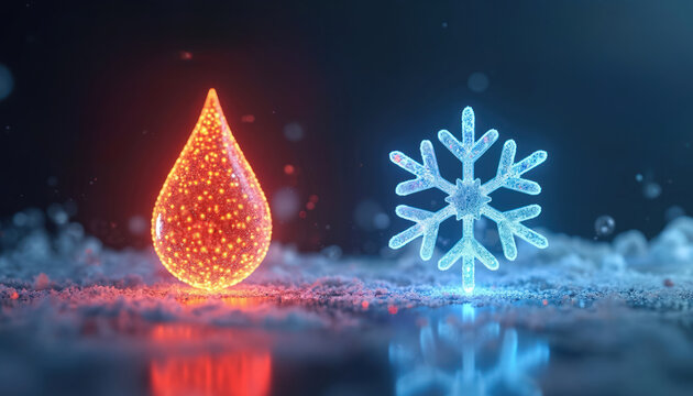 Glowing orange droplet and bright blue snowflake show heat cold balance. Futuristic concept for cold chain logistics and temperature control innovation.