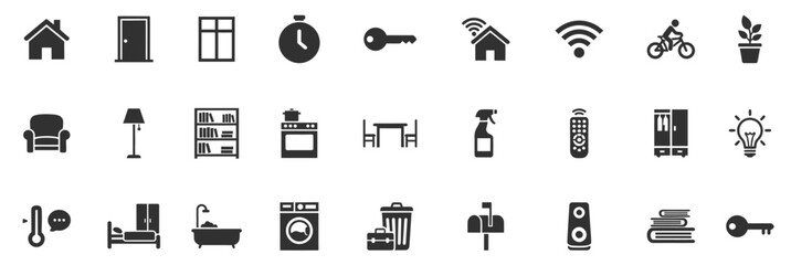 Home icons vector set in solid glyph style. Household and smart home symbols. Minimal black silhouette design. Modern flat icons for UI, mobile apps, web, real estate, and interior design projects