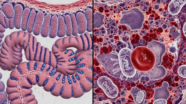 Detailed microscopic comparison of a healthy intestinal lining with villi and crypts versus a diseased gut filled with bacteria, amoeba, and inflammation, illustrating infection and cellular damage
