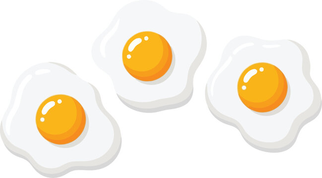 Three brightly colored cartoon style fried eggs with sunny side up yolks floating isolated on a clean white background for breakfast concepts