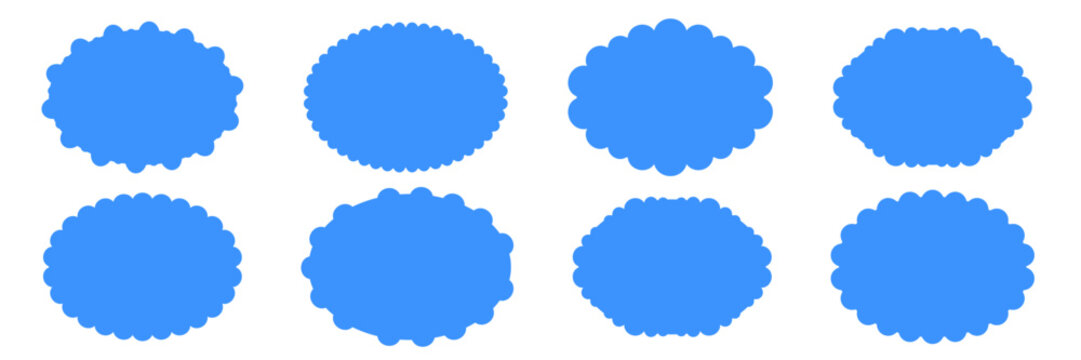 Fluffy cloud frame label set. Cloud shaped and jagged frame silhouette oval and circle frames with scalloped edges