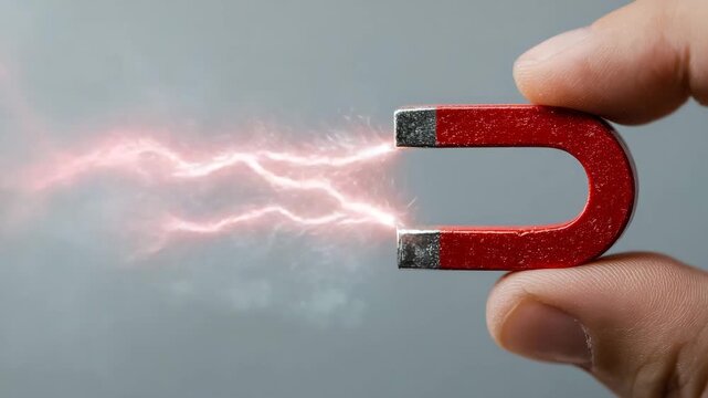 A hand holds a red horseshoe magnet with glowing electric sparks flying out