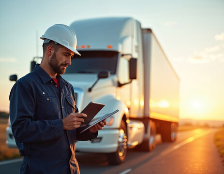 Truck driver with helmet uses tablet computer. Man checks logistics data near large semi trailer truck on road during sunset. He works outside using modern tech.