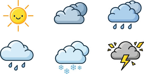 Obraz premium Collection of six simple cartoon weather icons depicting various atmospheric conditions like sun rain clouds snow and thunderstorms
