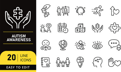 Autism Awareness Line Icons Set with Support Inclusion and Neurodiversity Symbols