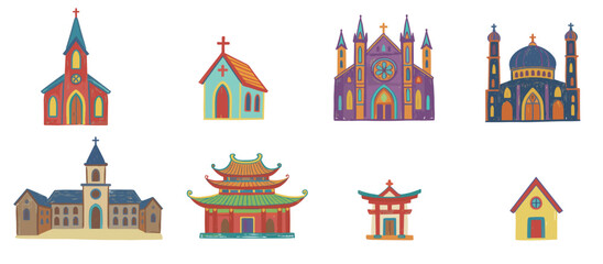Naklejka premium Collection of diverse religious buildings and places of worship, including churches, mosques, temples, and pagodas, representing various faiths and architectural styles.