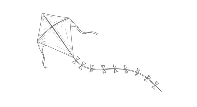 Hand-drawn sketch of a classic diamond kite with a long, decorative tail, flying against a white background.