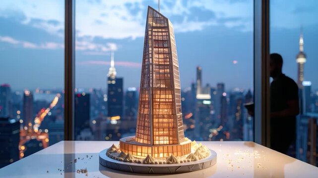 Illuminated skyscraper model on a table, with a city skyline in background