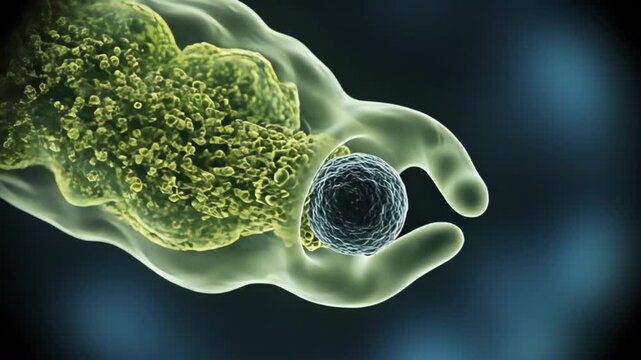 Microscopic amoeba engulfing a smaller cell in a detailed 3D rendering, showcasing cellular biology and phagocytosis process with vibrant green and blue tones against a dark background, illustrating