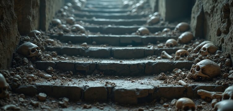 Human skulls and bones trash ancient stone stpic inside a dark ruin. A macabre scene of death and decay, hinting at a forgotten tragedy or a violent past.