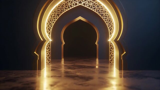 Luxurious Golden Islamic Archway With Ornate Patterns Illuminated By Warm Light