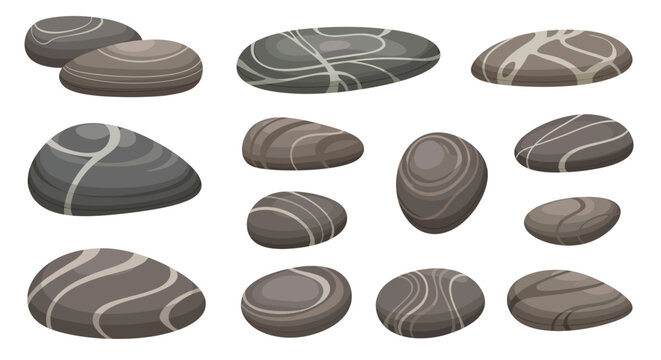 Collection of smooth river stones featuring distinctive natural gray and brown striped patterns isolated on a white background element