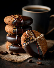 Decadent Chocolate Dipped Cookies Stacked Next To A Coffee Mug On Burlap With Coffee Beans