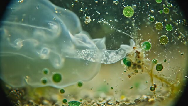 Microscopic view of amoeba and green algae cells in water with bubbles and debris, showcasing cellular structures and aquatic life in a vibrant, detailed, and educational science exploration scene