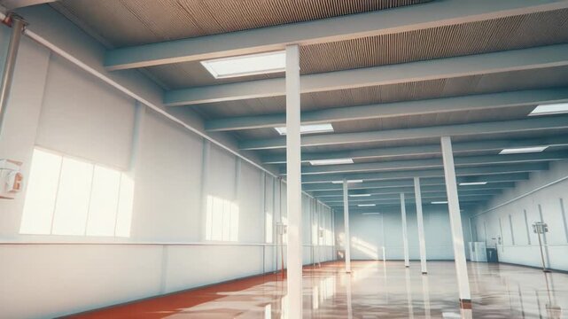 Vast empty industrial warehouse interior with white walls, columns, and a high ceiling, seeing the floor completely filled with a flowing brown liquid reflecting light from bright windows
