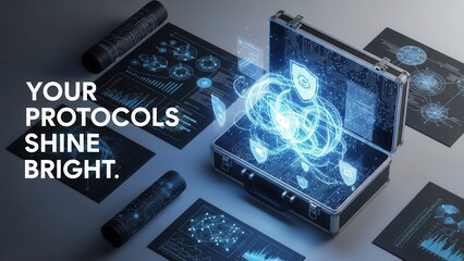 Fototapeta premium Cybersecurity protocols displayed in glowing digital briefcase