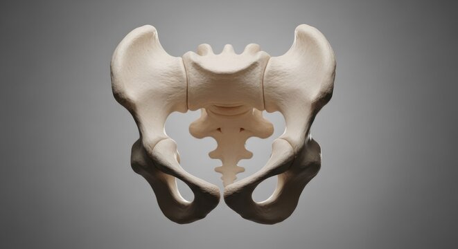 Detailed view of human pelvis bone, part of the skeletal system for medical and science anatomy education. Anatomical study of the hip bone structure.