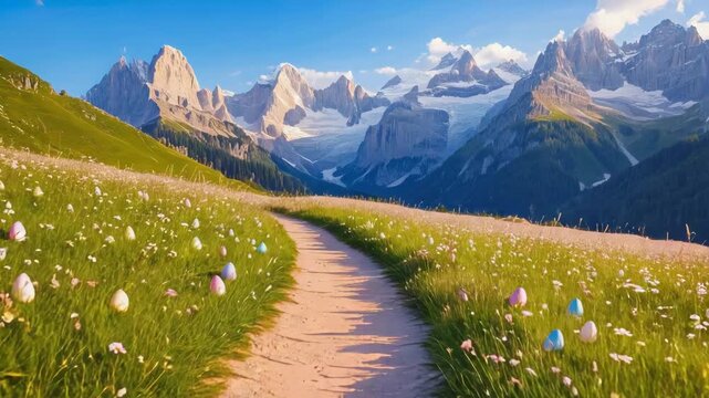 Spring nature walk with colorful eggs in mountain valley and green grass in bright sunlight