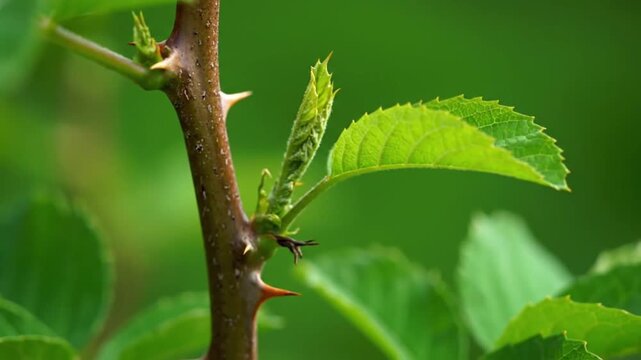 New growth and thorns on a bush stem in spring Macro photography