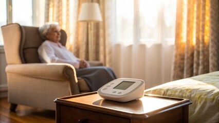 Obraz premium An elderly woman relaxes in a sunlit room, seated in a chair with a blood pressure monitor on a side table.