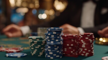 Naklejka premium Vibrant casino chips stacked high at a thrilling card table surrounded by eager players, creating an electric atmosphere of chance and excitement. A close-up shot with colorful, glimmering chips