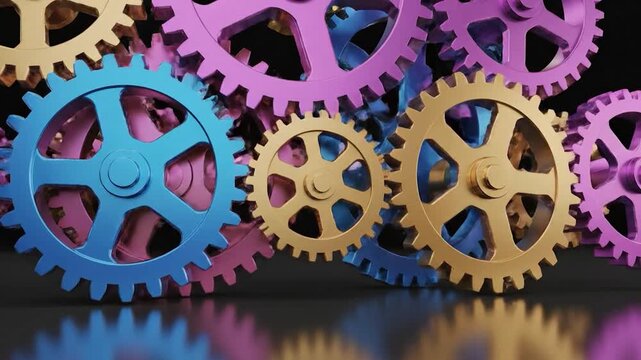 Colorful llic gears interlock and rotate together on a reflective surface