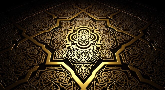 Ornate Islamic golden pattern design, with arabesque, floral and geometric elements on dark background.