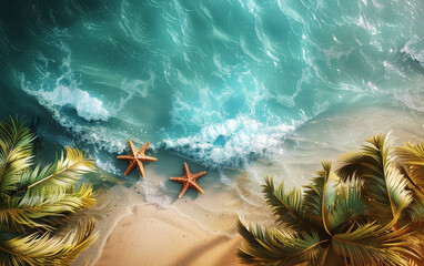 Colorful starfish scattered on the golden sand of a tropical beach, with lush palm trees framing the enchanting seascape. Copy space for advertising, presentation product or text.