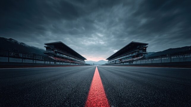 Dramatic view of a race track with grandstands under a cloudy sky