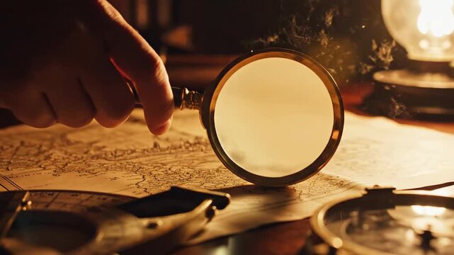 Hand holding magnifying glass over antique map and compass