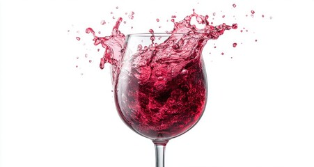 Red wine splash in a glass against a clean white background, liquid motion