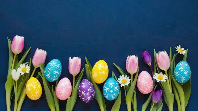 Colorful Easter eggs arranged with flowers over a blue background during spring