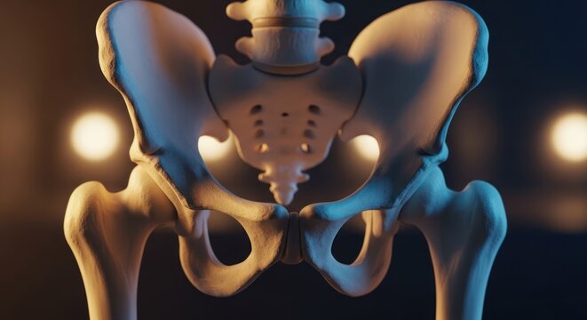 Anatomical model showing detail of human pelvis bones, hip bone and femur for anatomy study and medical illustration.