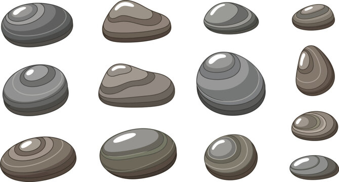 Collection of smooth assorted river stones and pebbles featuring various shapes and natural layered brown and gray tones isolated on white background